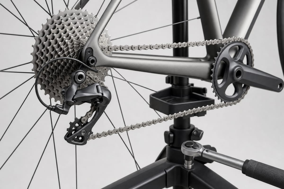 Fahrrad im Montageständer von der Antriebsseite, mit Kassette, Schaltwerk und Kette im Bild