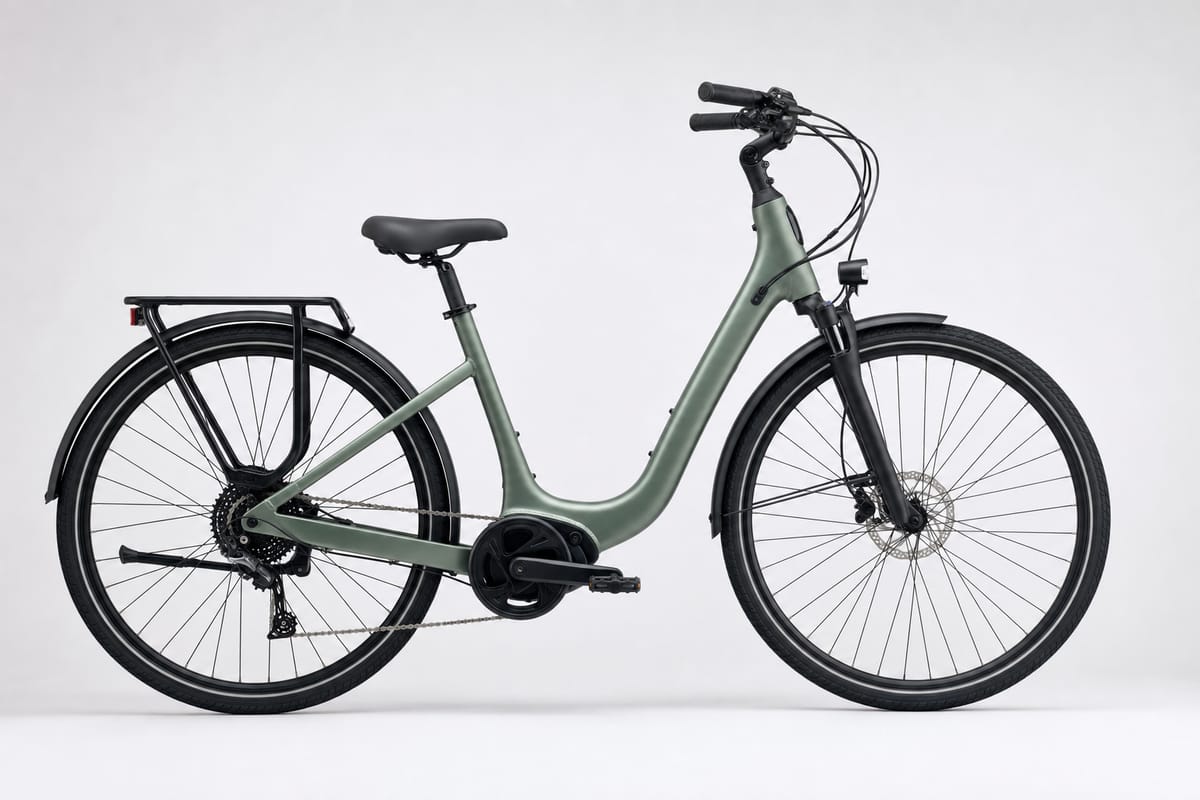 E-Bike mit Wave-Rahmen und sehr tiefem Einstieg im Profil, mit Komfortsattel und geschwungenem Oberrohr