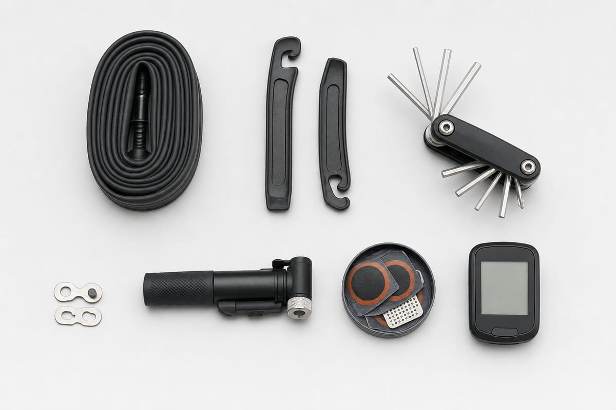 Aufsicht auf Fahrradwerkzeug: Ersatzschlauch, Reifenheber, Multitool, Kettenschloss, Minipumpe, Flickzeug und Fahrradcomputer