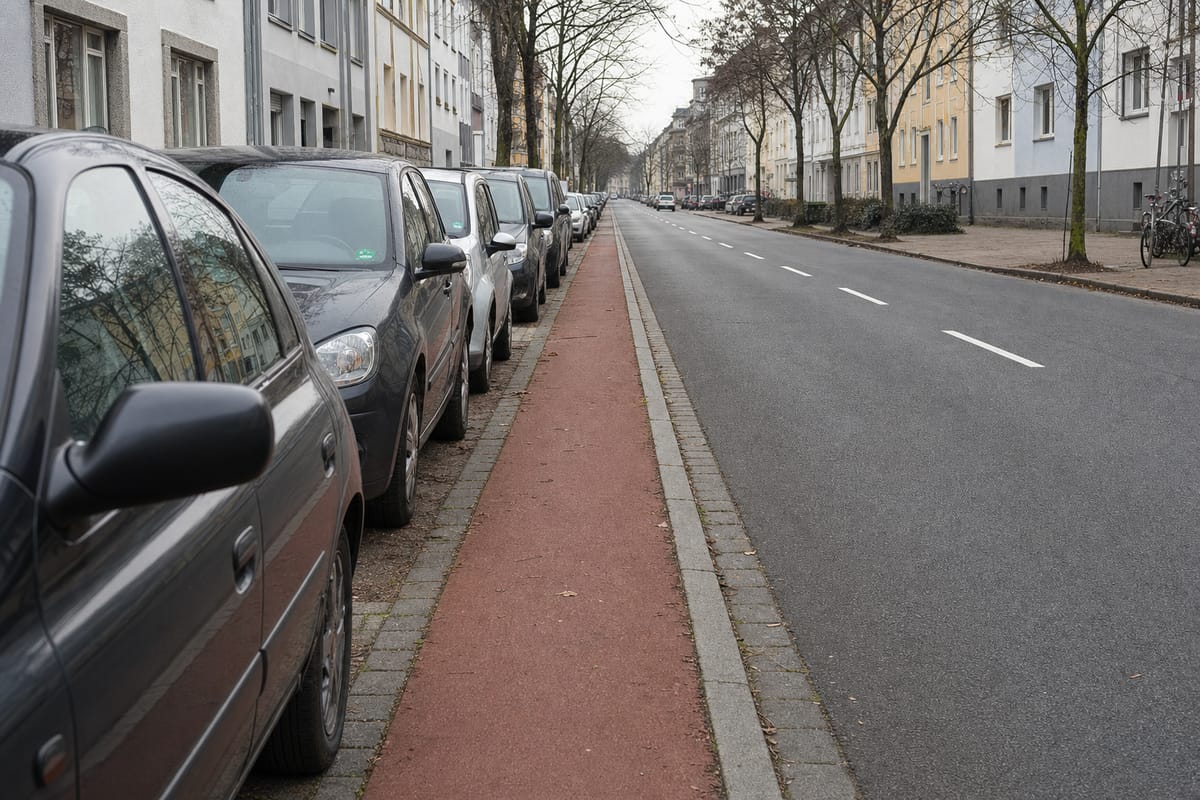 Schmaler roter Radfahrstreifen zwischen Bordstein und parkenden Autos auf einer Wohnstraße