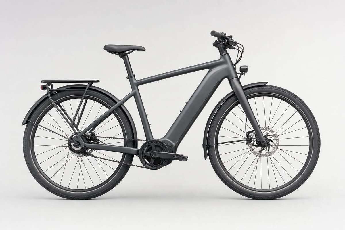 Modernes E-Bike im Profil: Akku im Unterrohr, Mittelmotor am Tretlager, Scheibenbremse am Vorderrad und Gepäckträger hinten
